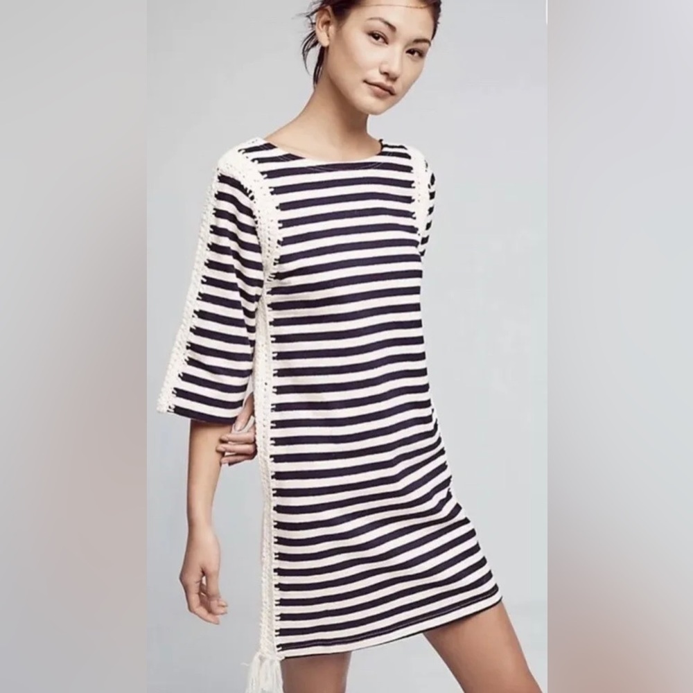 Anthropologie PEPIN Navy & Cream Cotton Dress Crochet Beach Style NWOT Size XS